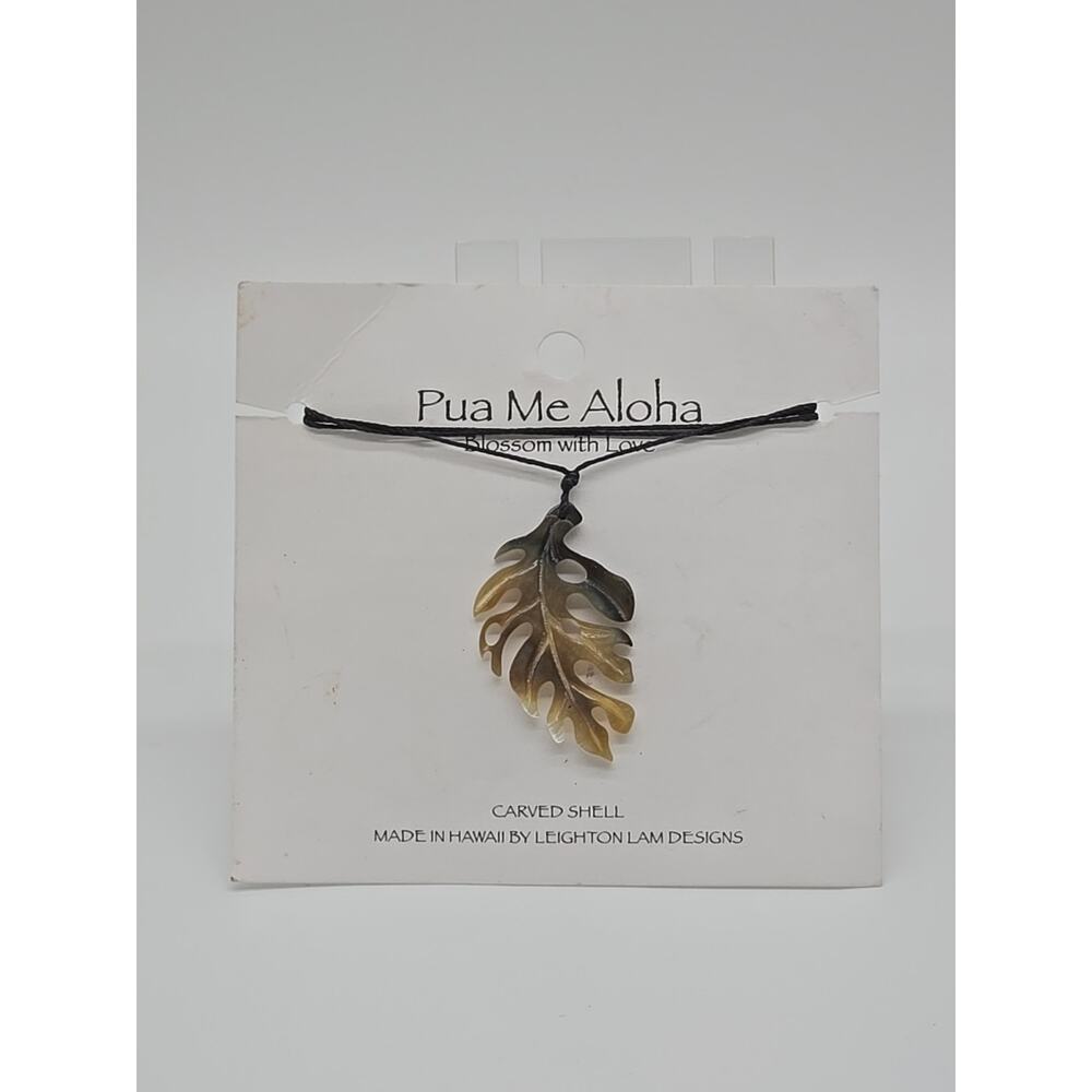 Carved Oyster Shell Hawaiian Monstera Pendant Delicate 17" Cord Necklace